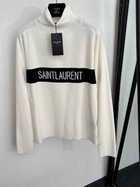 Saint Laurent Cream Turtleneck Sweater with Black Logo Band